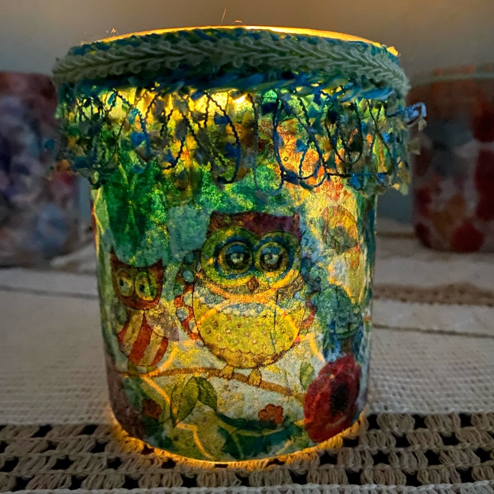 Colorful Handcrafted  Floral,Owl and Butterfly Design Candle Holder 4x3